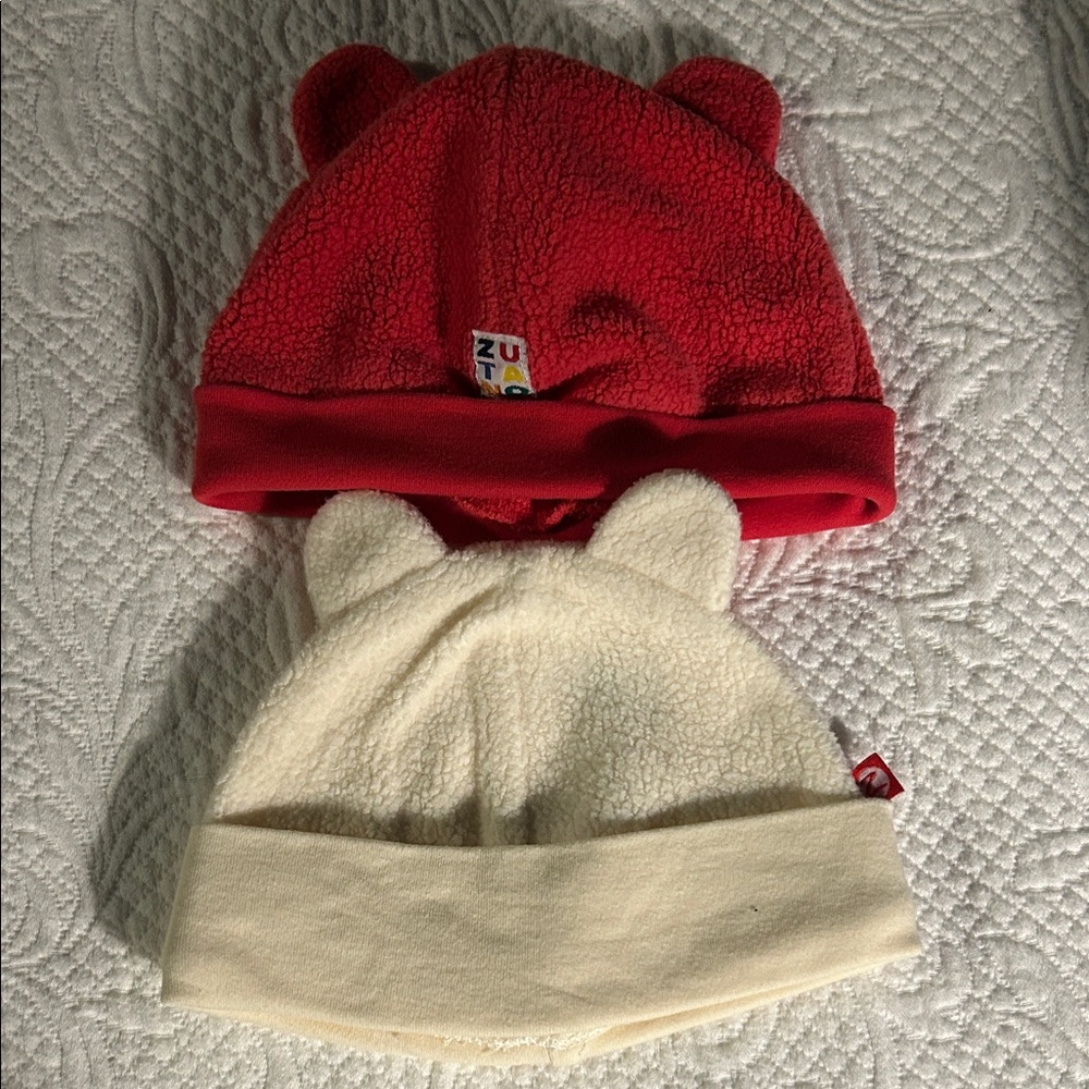 Zutano Red and Cream Fleece Baby Hats